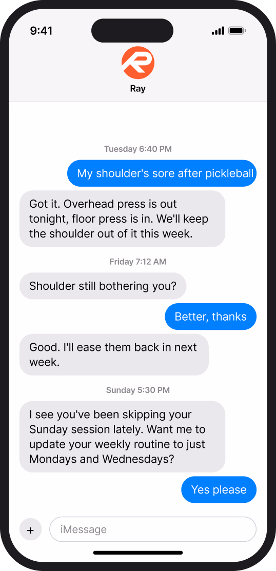 A message thread where Ray changes the plan around a sore shoulder