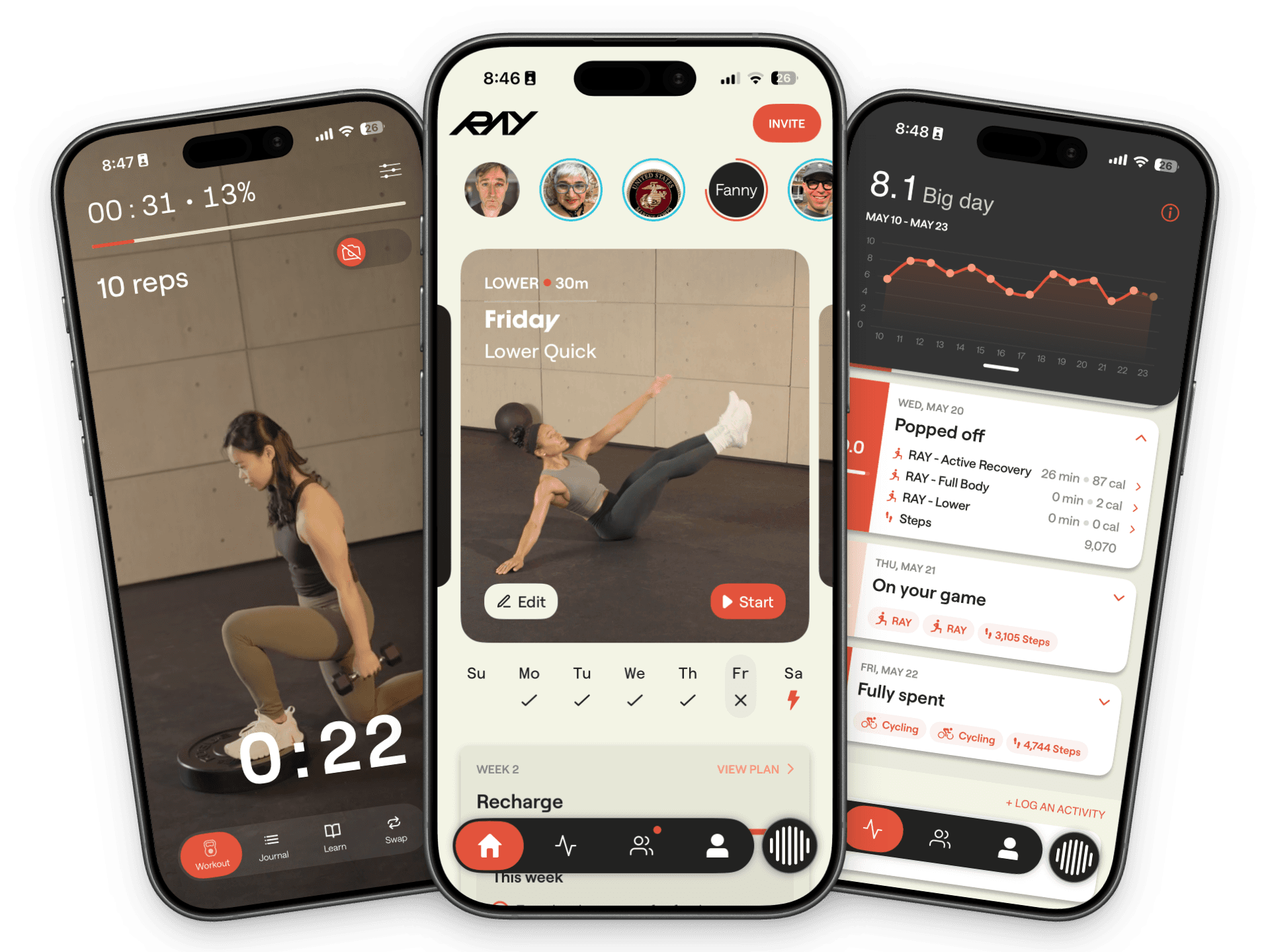 Ray app screens showing a workout, the training plan, and activity history