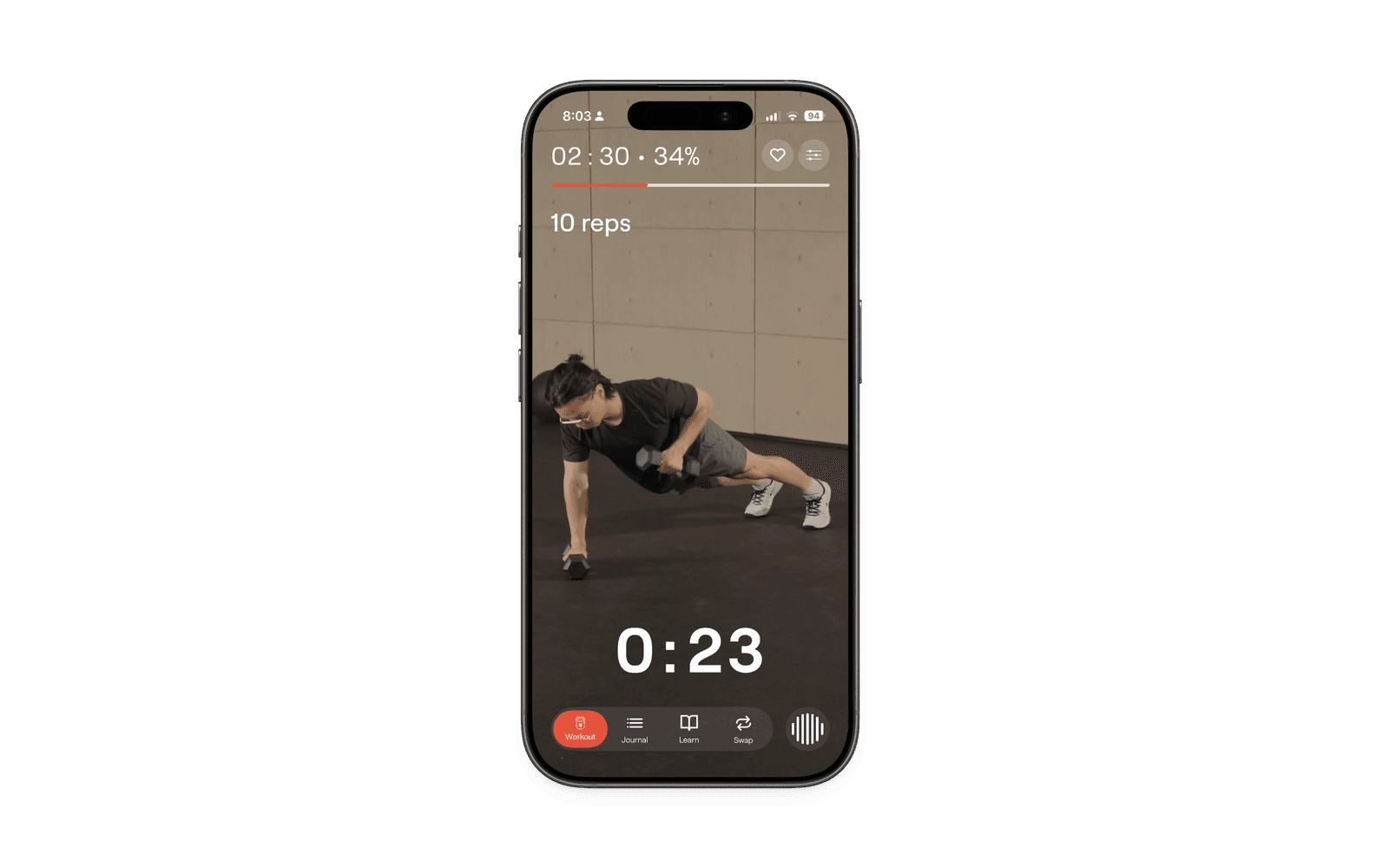 Ray app mid-workout: a renegade row video with a 10-rep target, a 0:23 timer and the voice button