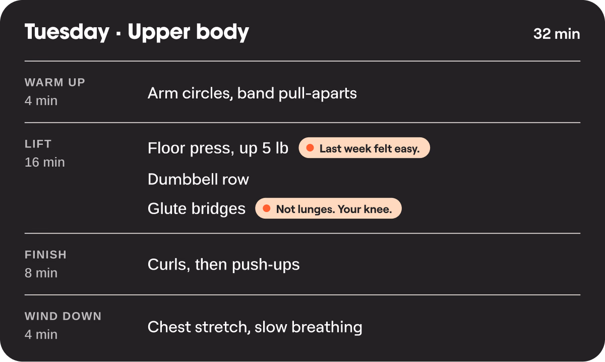 Tuesday’s upper body workout: warm up, lift, finish and wind down