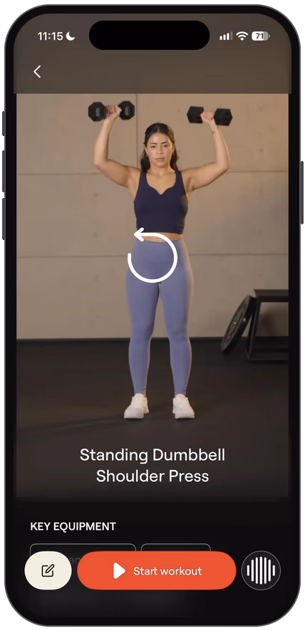 Ray’s workout screen coaching a standing dumbbell shoulder press
