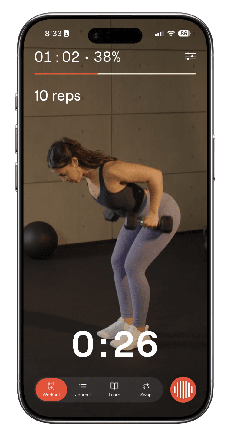 Fitness app screen showing a woman doing bent-over dumbbell rows with workout timer, reps, and progress displayed.