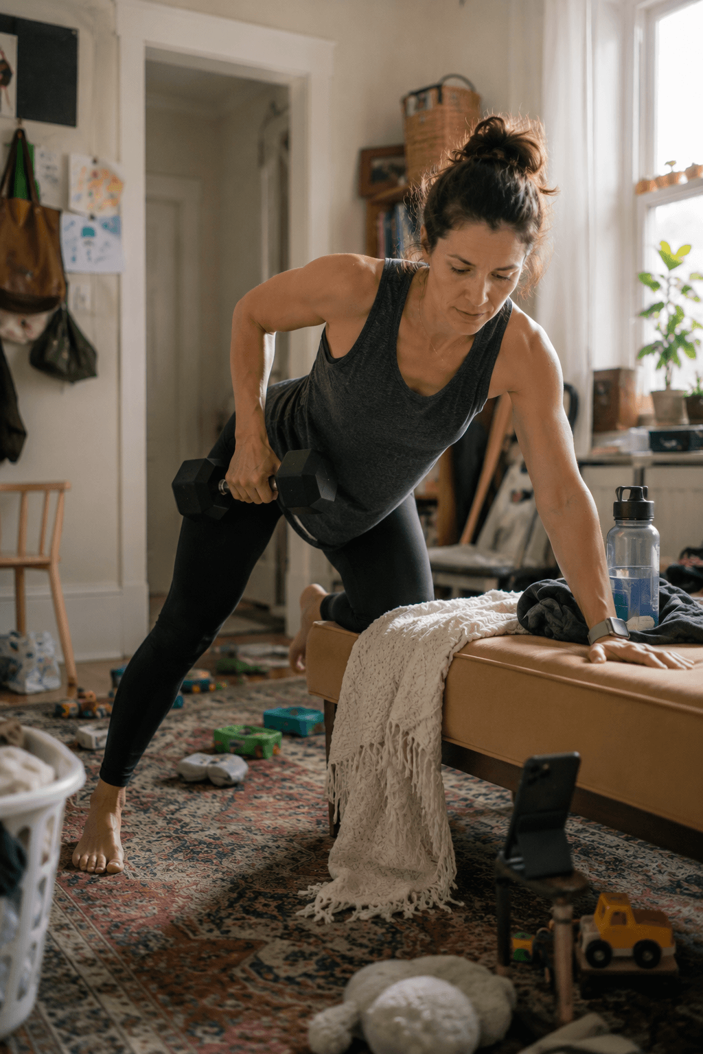 Woman doing a one-arm dumbbell row during a home workout.