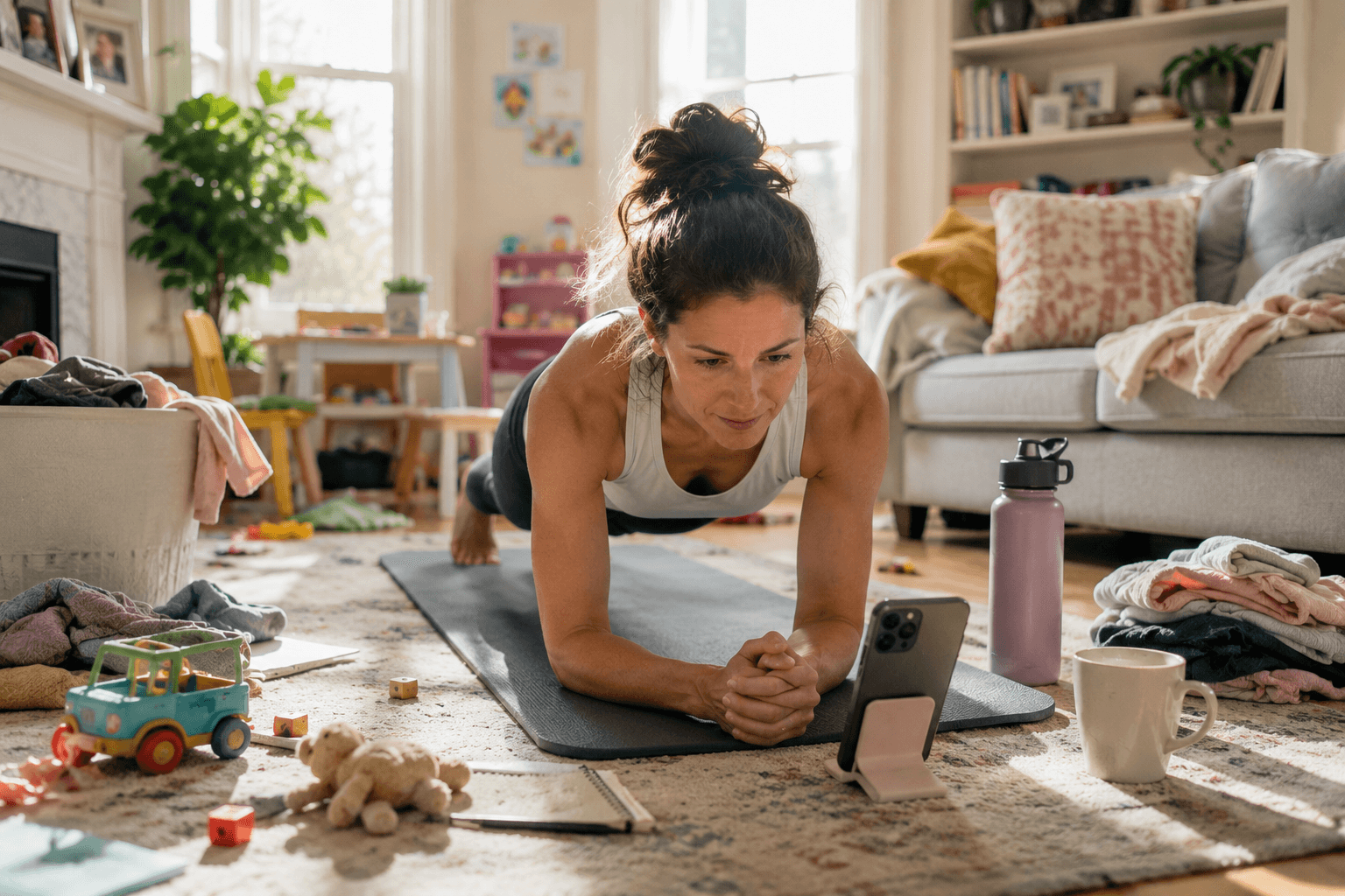 Busy parent doing a home workout plank while following a fitness app on a phone.