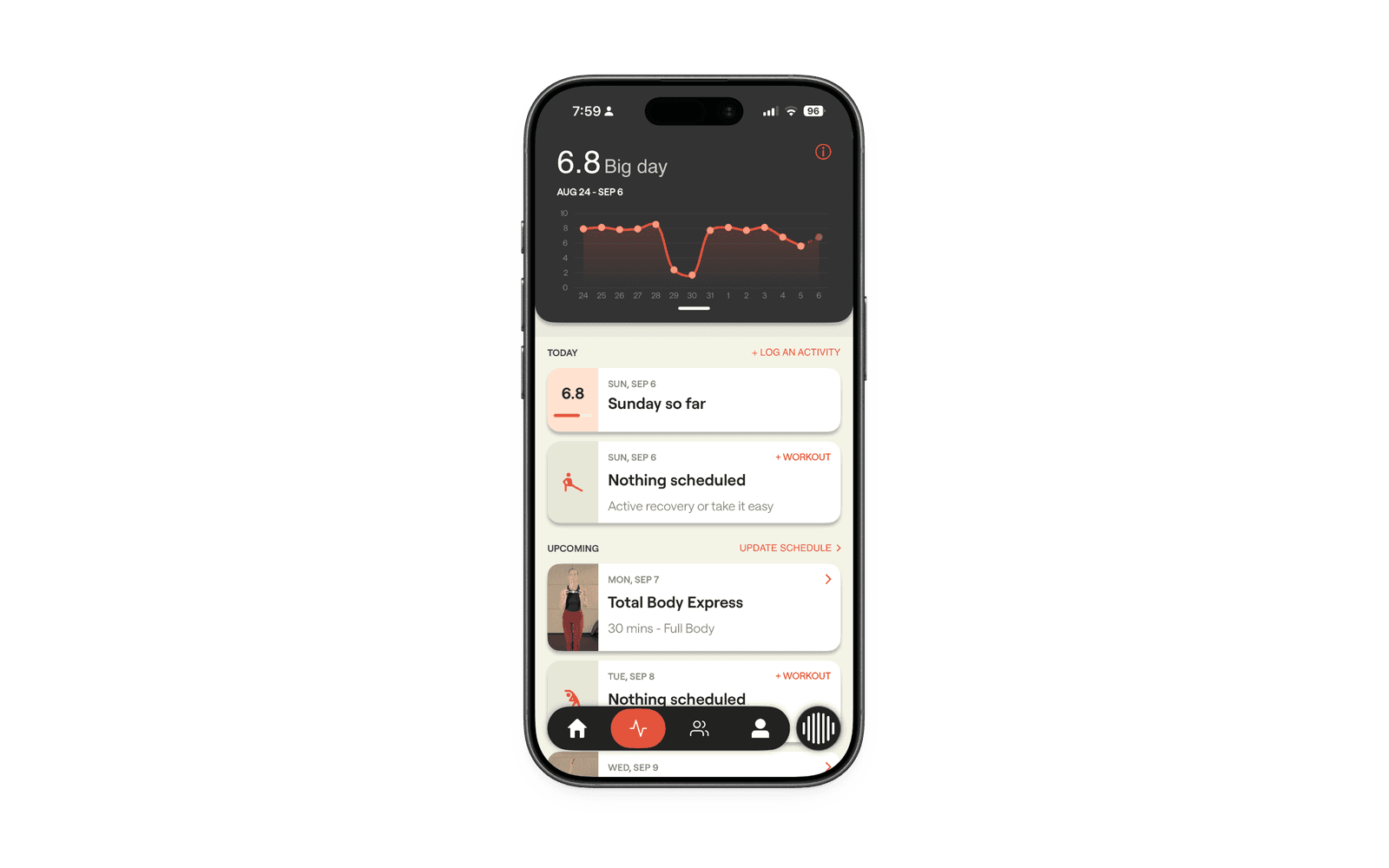 Ray app activity screen showing a daily score, 'Nothing scheduled: active recovery or take it easy' for today, and the next scheduled workout