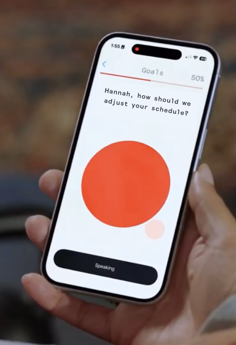 A hand holds a phone where Ray asks, “Hannah, how should we adjust your schedule?”