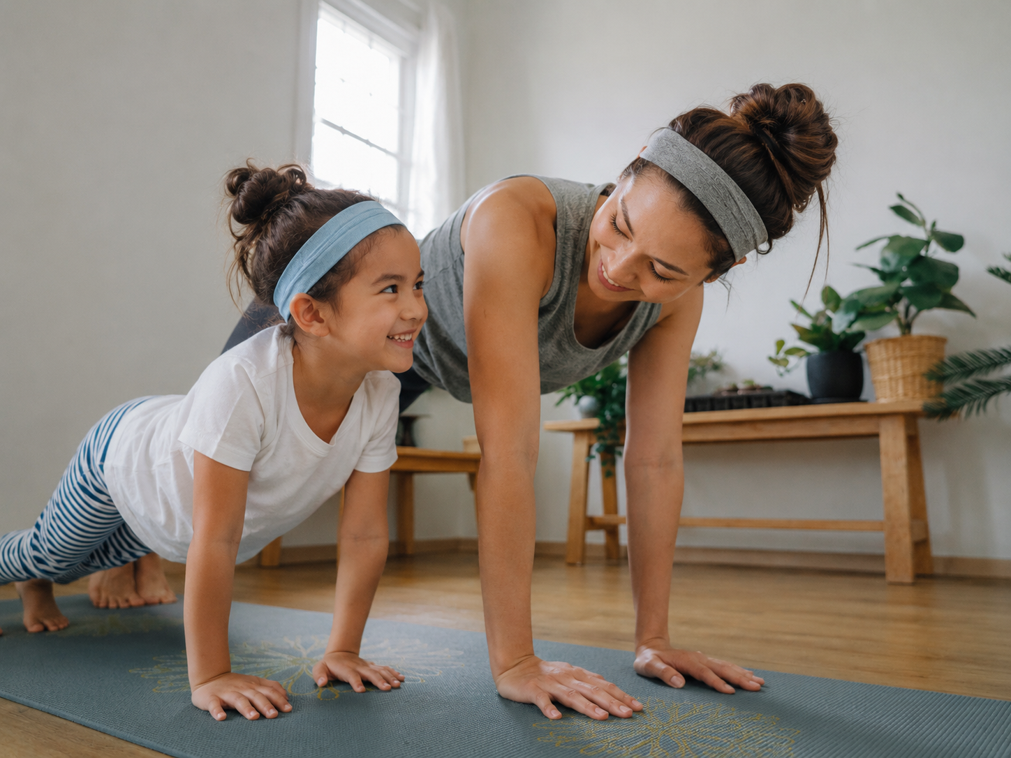 Parent doing an at-home workout with Ray fitness guidance