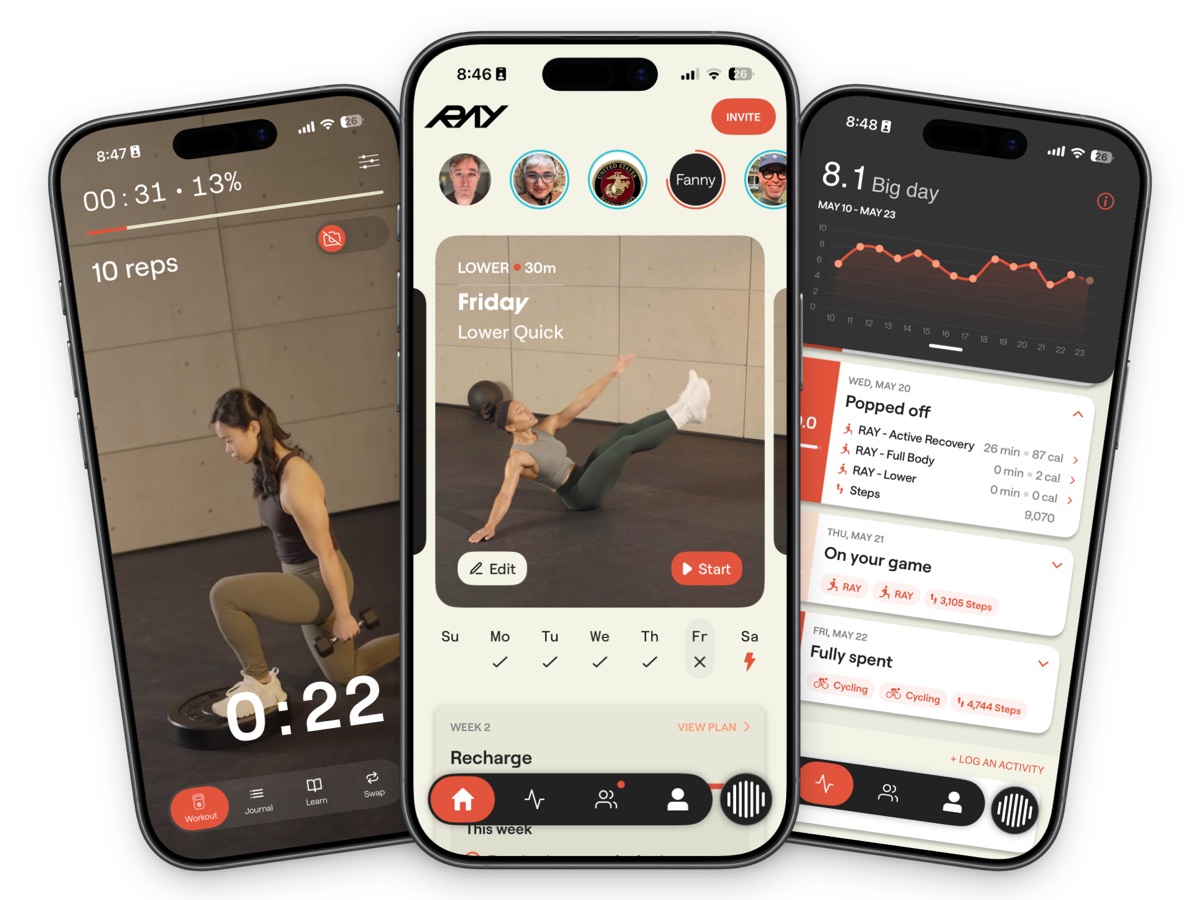 Ray app screens showing workout guidance, rep counting, and activity progress