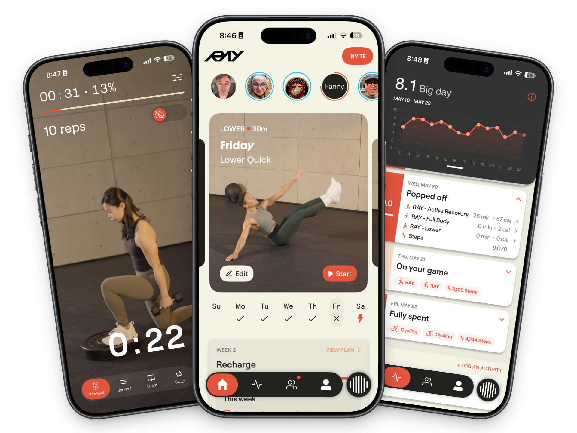 Ray app screens showing a workout, the training plan, and activity history